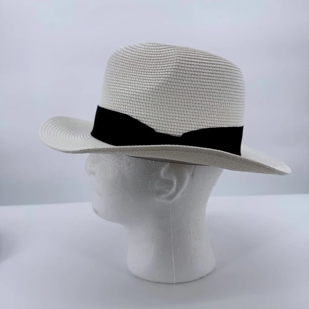 Timeless Basics Fedora Hat Women One Size White Straw Sun Hat Black Ribbon Band